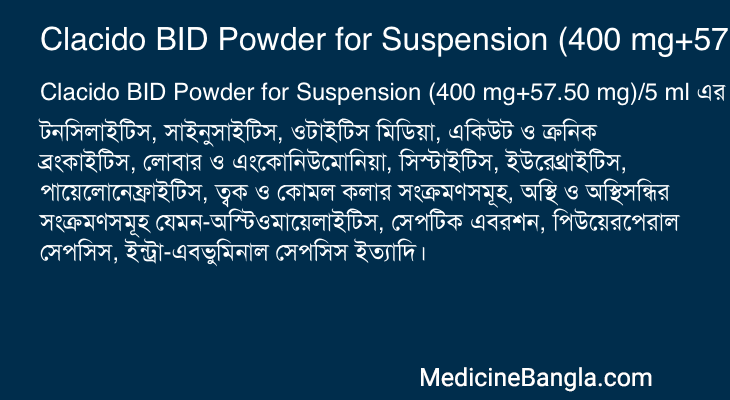 Clacido BID Powder for Suspension (400 mg+57.50 mg)/5 ml এর কাজ Clacido BID Powder for Suspension (400 mg+57.50 mg)/5 ml in Bangla