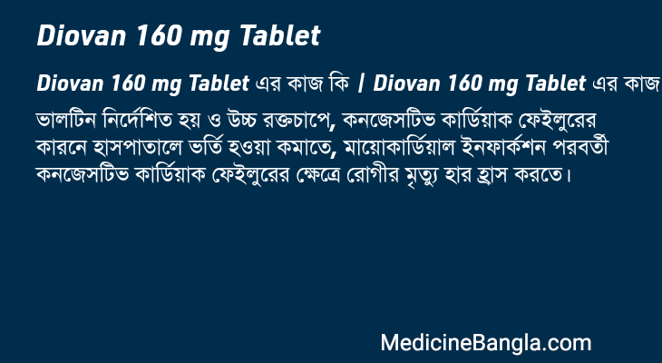Diovan 160 mg Tablet এর কাজ Diovan 160 mg Tablet in Bangla