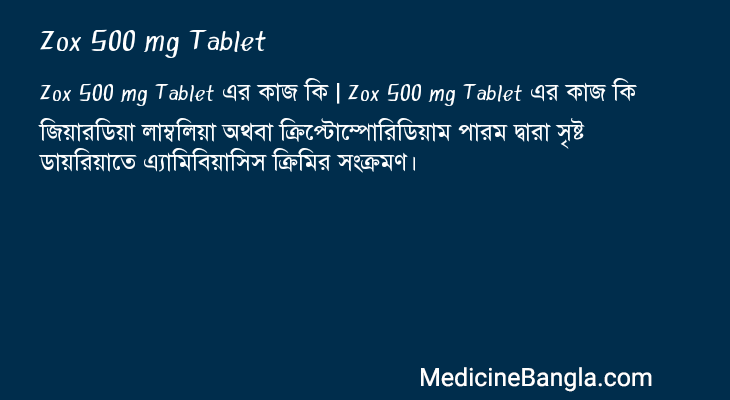 Zox 500 mg Tablet এর কাজ Zox 500 mg Tablet in Bangla